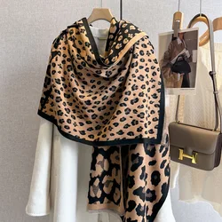 2024 New Women Leopard Print Cashmere Scarf Luxury Brand Winter Thick Warm Scarf Long Fringed Shawl Fashionable Pashmina Blanket