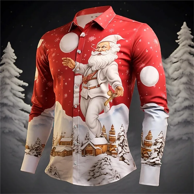 Men Fashion Long Sleeve Shirt Xmas Santa Snowy Pine Tree Graphic Print New Year Gathering Festival Top