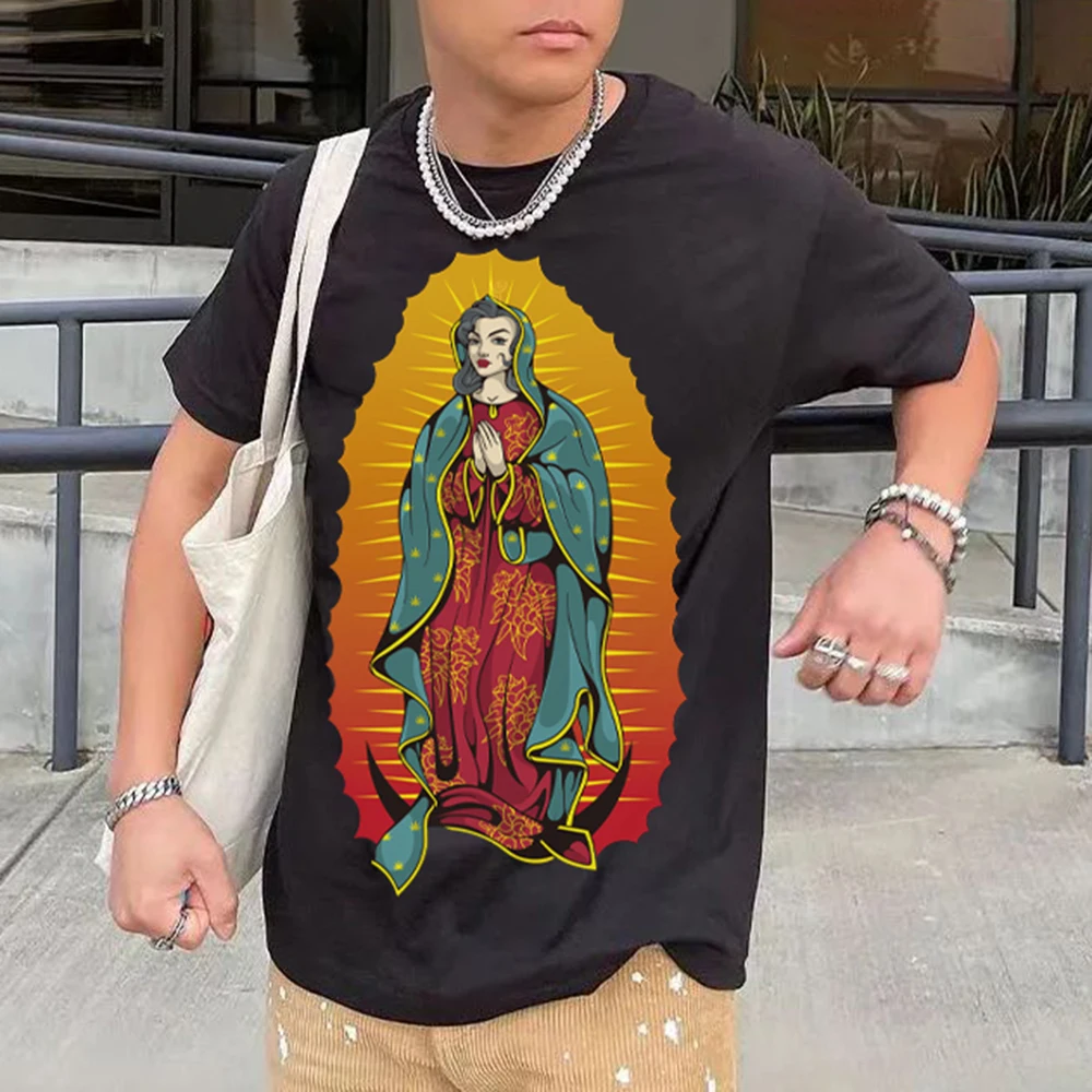 2024 Spring And Summer Mens Cottony T-Shirt Hip-Hop Virgin Mary Pattern Print West Coast Street American Style Casual Top