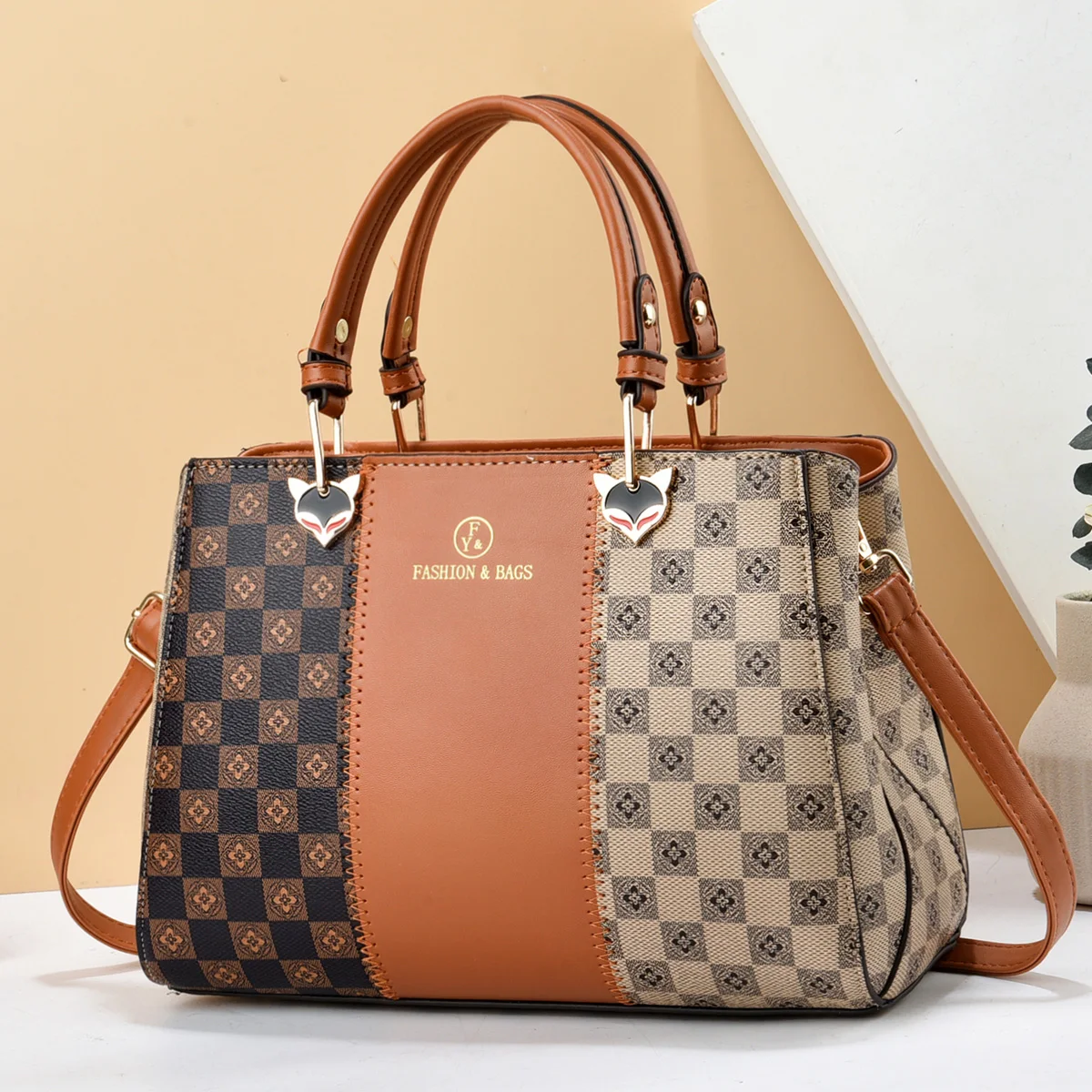 Colorblock Handbag For Women, Checkered Pattern Crossbody Bag, Trendy Top Handle Purse