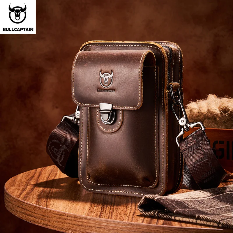 BULLCAPTAIN Crazy Horse Leather Male Waist Pack Phone Pouch Bags Waist Bag Men's Small Chest Shoulder Belt Bag Back Pack YB075