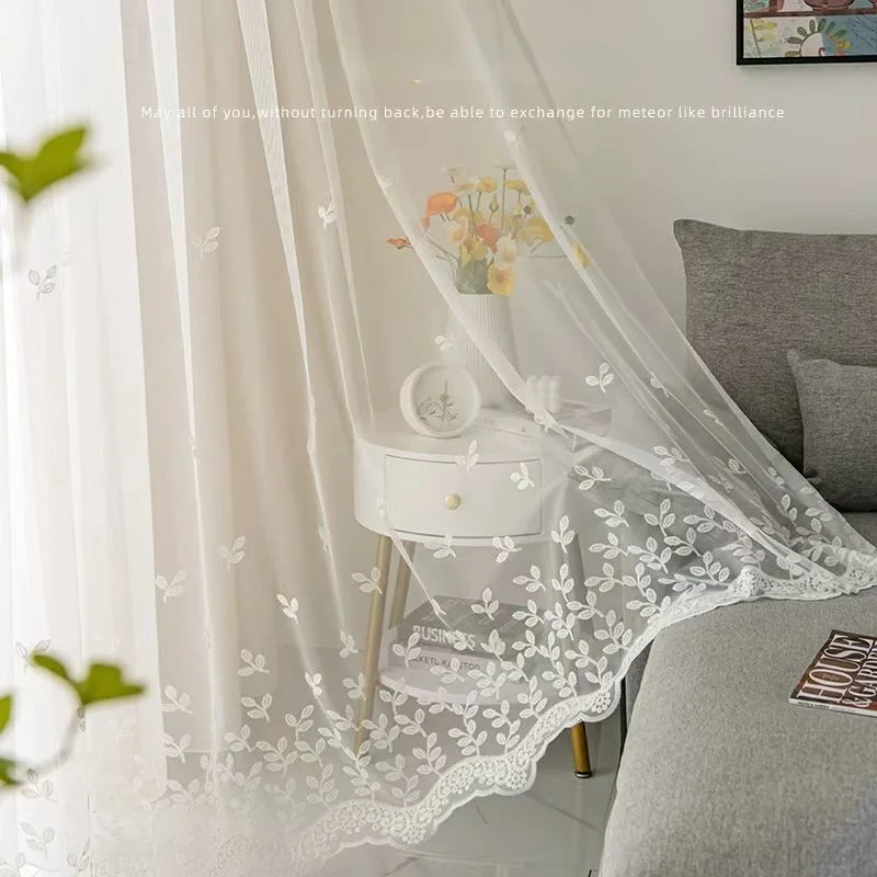 French Cream Lace Curtain, Leaf Embroidery Pattern, Bedroom Living Room Window Divider, Romantic Atmosphere, Hole Ring Processin