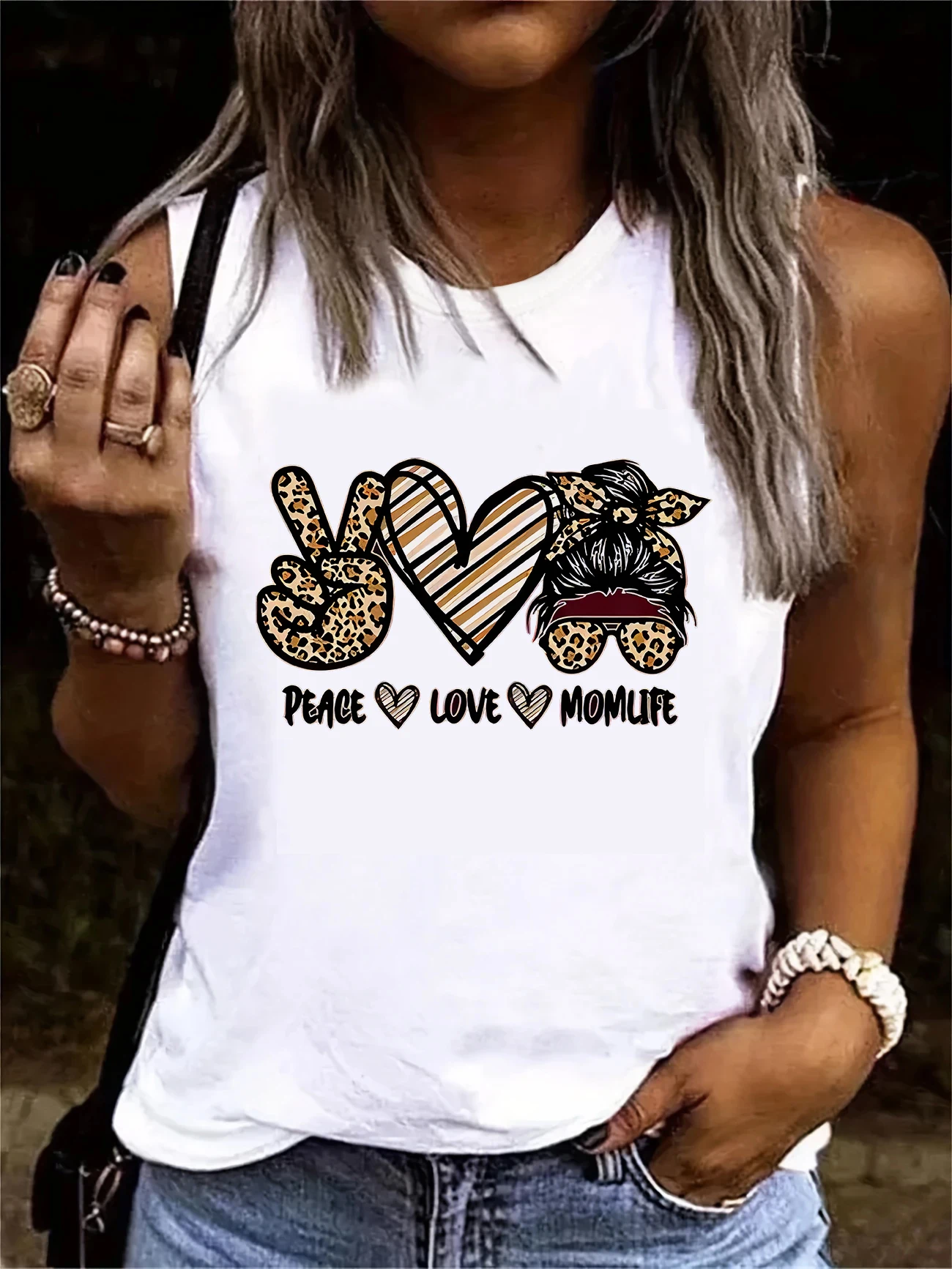 Peace Love Momlife Weste mit Leopardenmuster, grafisches Tanktop, ärmelloses Damen-Top mit Rundhalsausschnitt, lässiges Top für Sommer und Frühling