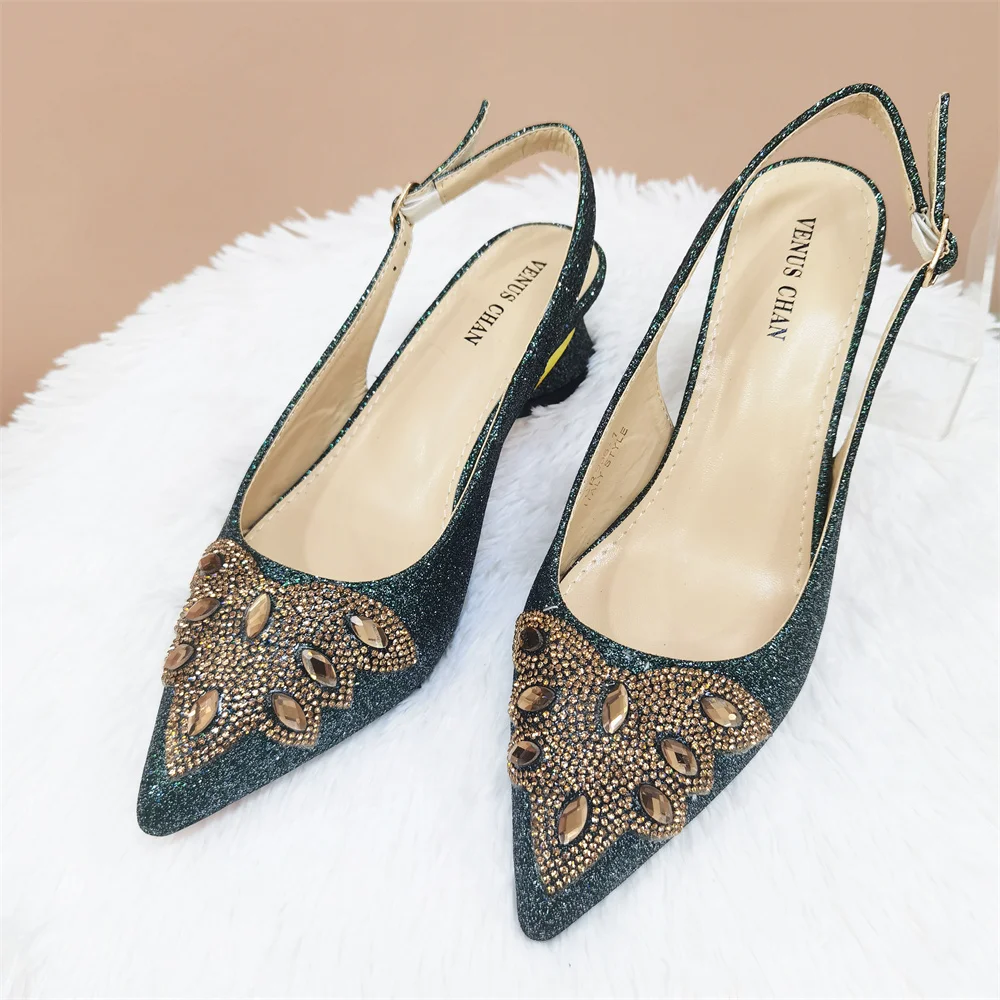 Low Heel Women Single Shoes Nigerian Women's Wedding Pointy Sandal Rainbow 4.5CM For Dark Green