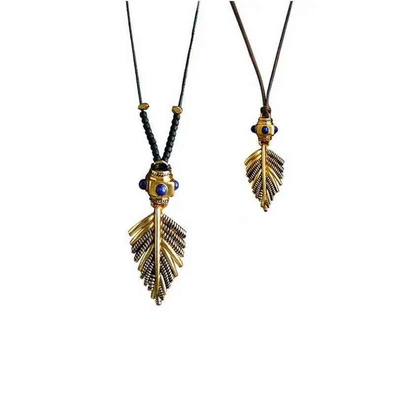 

Винтажное ожерелье с подвеской в виде пальмового листа, европейская и американская легкая роскошь, высококачественная цепочка для свитера из коричневого шнура с перьями