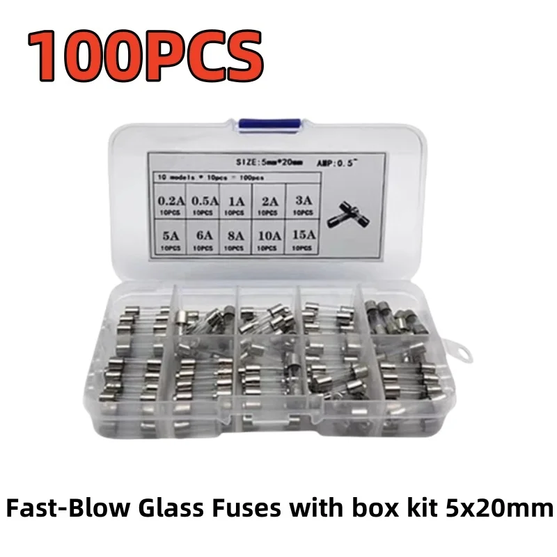 100PCS 10values*10PCS  Fast-Blow Glass Fuses with box kit 5x20mm fuse 0.2A~20A 0.2A 0.5A 1A 2A 3A 5A 6A 8A 10A 15A