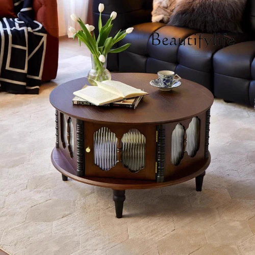 

French Retro Solid Wood round Coffee Table Living Room Modern Coffee Table Small Apartment Complete Storage Coffee Table