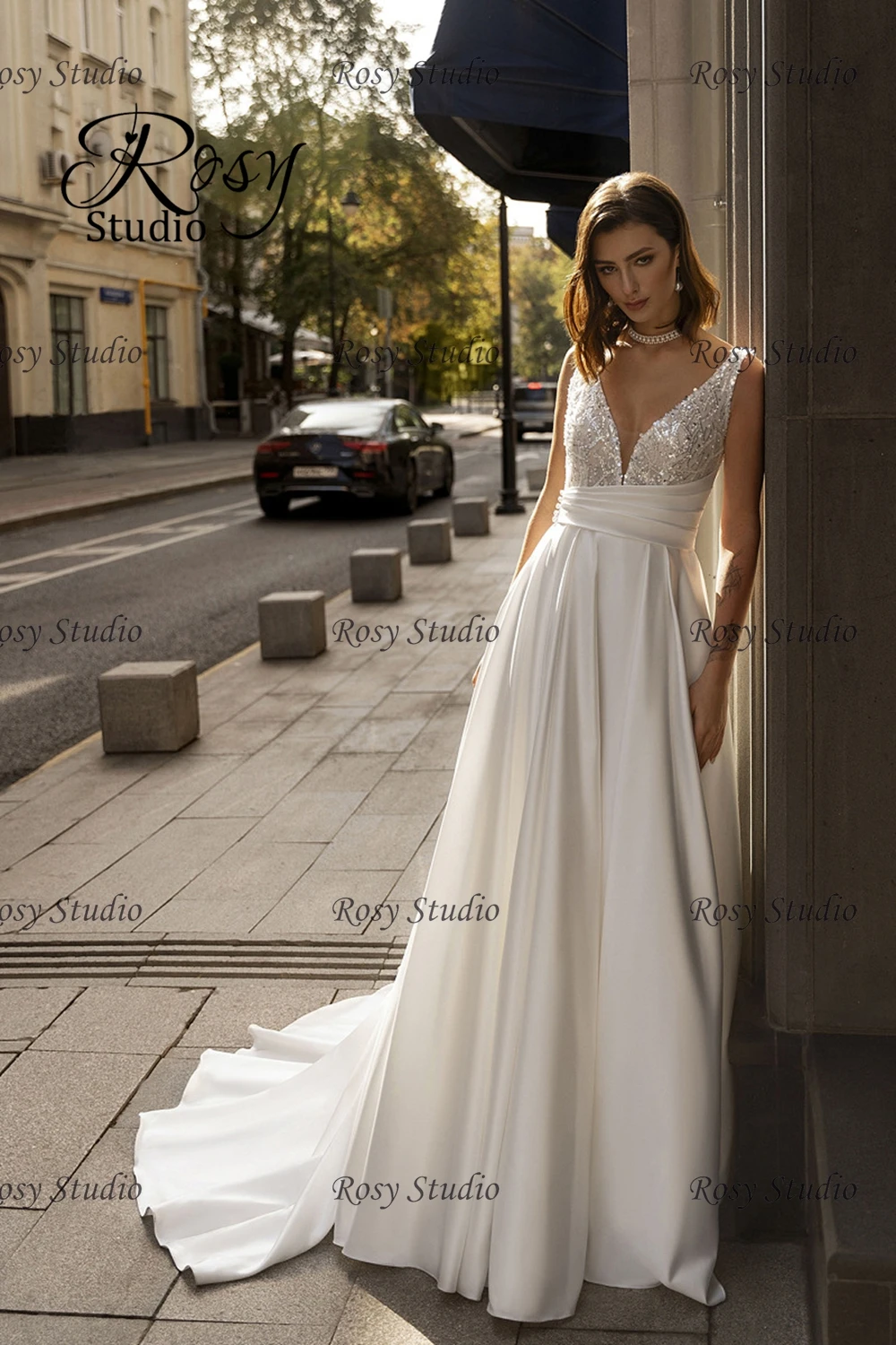 High Quality Satin Wedding Gown Deep V-neck A-line Beaded Bridal Gown Sweep Train Bride Dress Customized Robe de Mariee