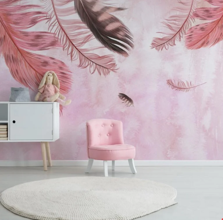 

Nordic Style Custom Pink Feather Watercolor Wallpaper Mural Fresh Beautiful Vintage Leaf Living Room Background wall Decoration