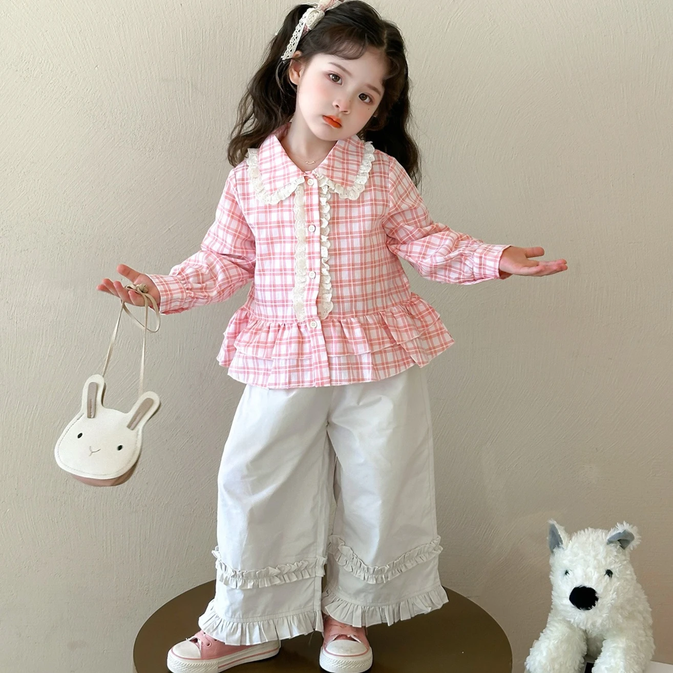 

Girls Suit 2025 Autumn and Winter New Children's Clothing Korean Style Girl Baby Pink Plaid Shirt Wide Leg Pants Two Sets