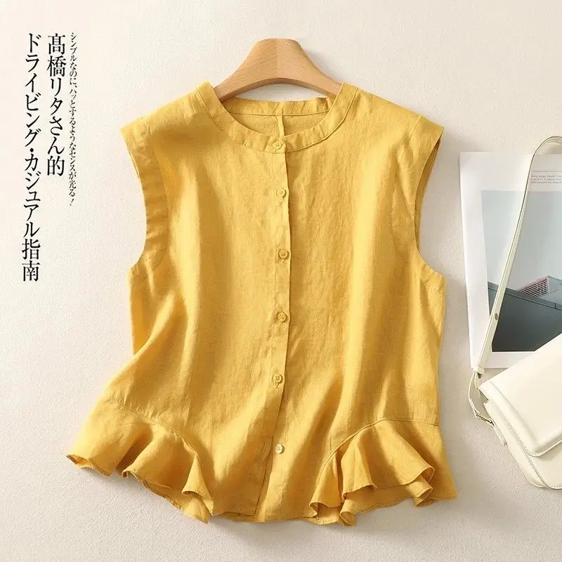 

Летняя тонкая повседневная удобная женская блузка без рукавов с пеплум-подолом, комбинированная из льна и хлопка, желто-голубая, больших размеров