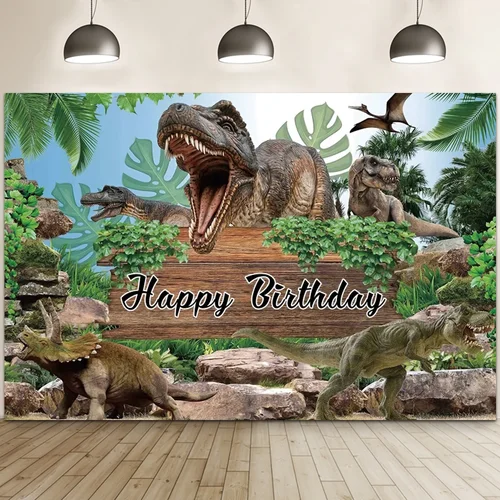 Imagen 2 del producto Fondo de dinosaurio de feliz cumpleaños, imagen de decoración de fiesta de bosque, fondo de póster de dinosaurio, foto de jungla para Baby Shower