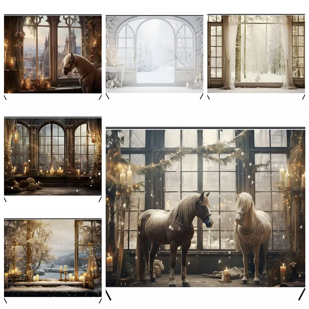 

Christmas Windowsill Horse Backdrop Xmas Tree Winter Landscape Snowy Forest Customized Holiday Wonderland Baby Shower Party