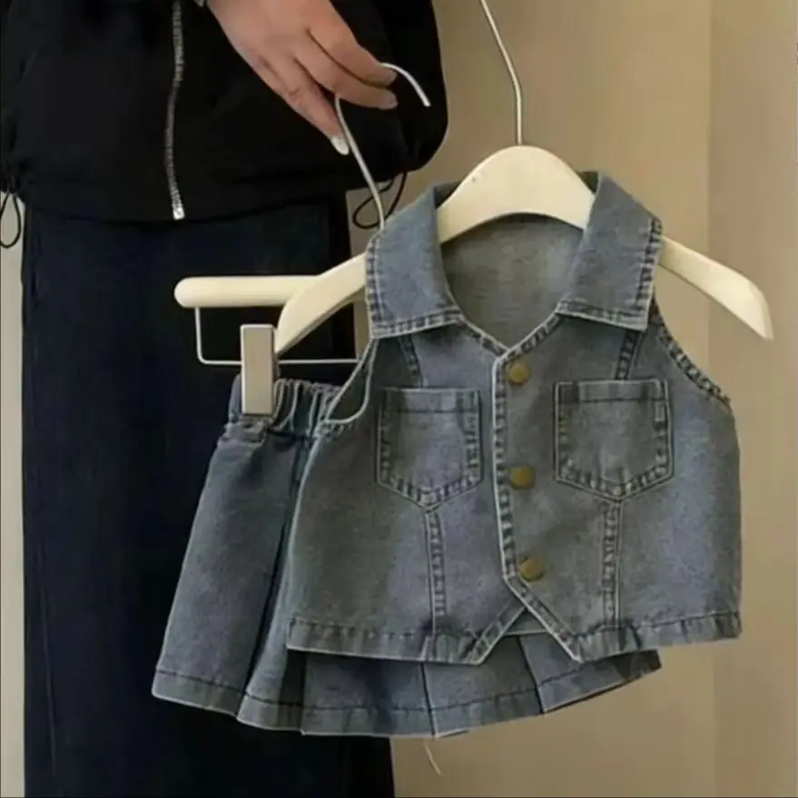 

Girls' denim suit summer outfit new Korean version children's lapel vest pleated half skirt 2-piece set