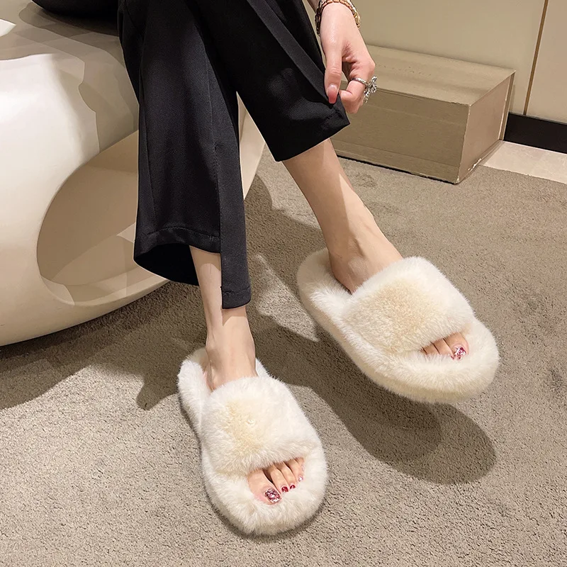 Home Slippers Women\'s Flat Shoes Female Lady Fur Flip Flops Slides 2023 Soft Plush Cotton Indoor Winter Zapato Mujer