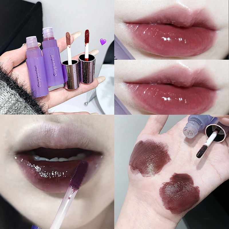 Dark Purple Water Light Lip Gloss Long Lasting Clear Moisturizing Mirror Jelly Pink Peach Non Stick Cup Liquid Lipstick Makeup