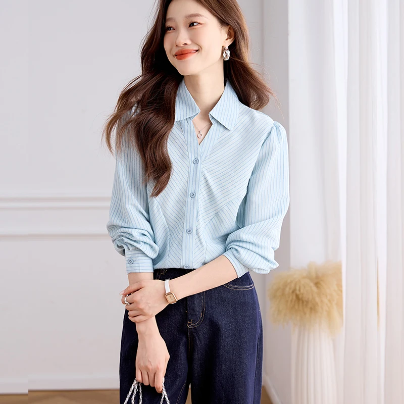 2025 Spring Autumn Women Blouse Lapel Stripe Women's Clothing Fashion Single Breasted Long Sleeves Blouses Straight Women Shirts