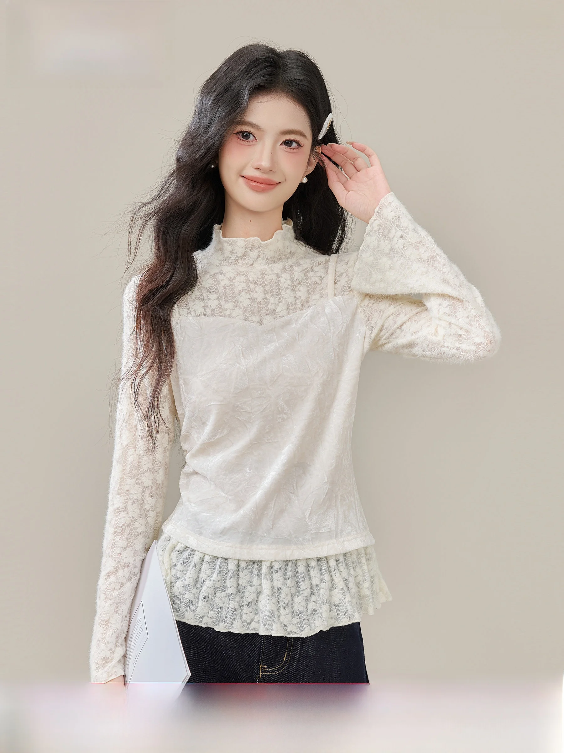 

Lingjiu Knitted Lace Base irt f High Collar Women's Inner Wear Sweet Sle Polyester Fiber Long Sve Home Clothes