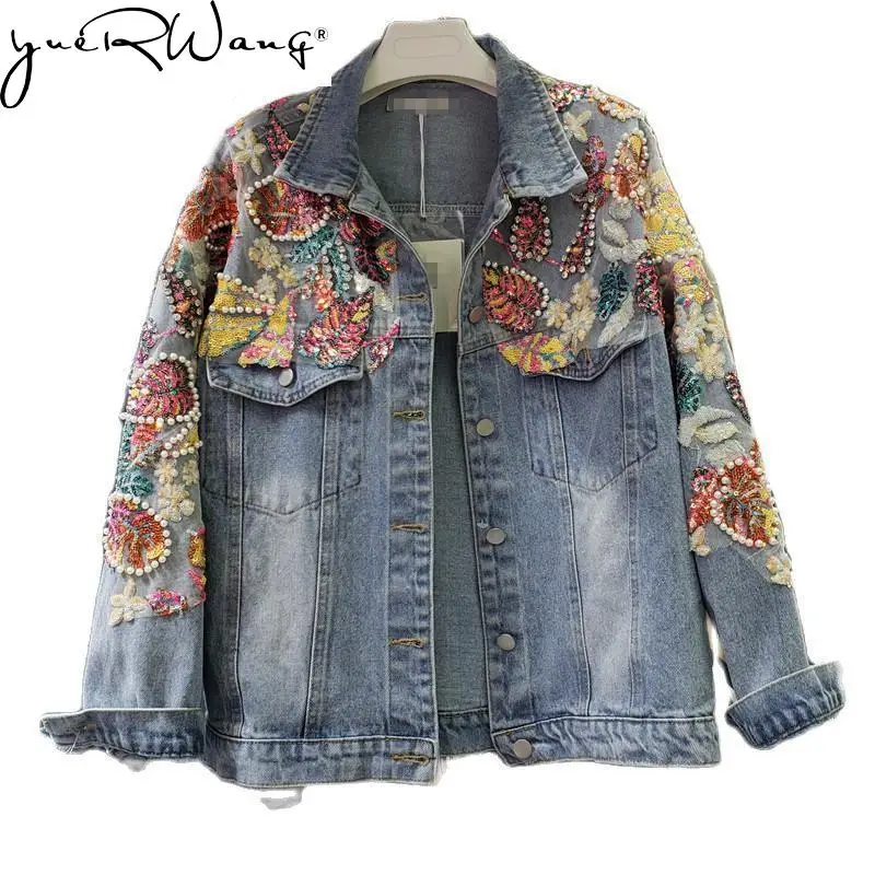 

yuerwang Women Denim Coat Lace Stitched Beading Diamond Fashion Ladies Jean Jacket Loose Leisure Female Denim Tops Spring 2022