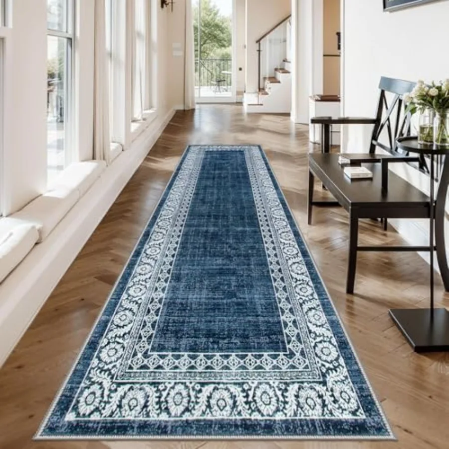 

Blue Extra Long Hallway Runner Rug 2'6"x 10' Washable Kitchen Bathroom Rug Runner with Rubber Backing Bordered Indoor Throw Car