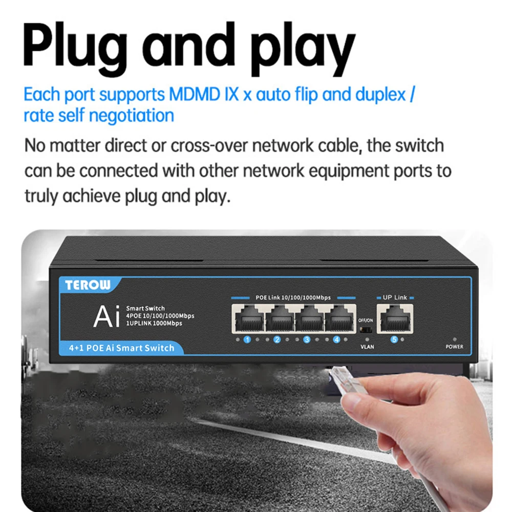 5-портовый гигабитный коммутатор POE, сетевой коммутатор Ethernet 1000 Мбит/с, 52 В, 65 Вт, с быстрым портом RJ45 POE и Uplink для IP-камеры/беспроводной точки доступа