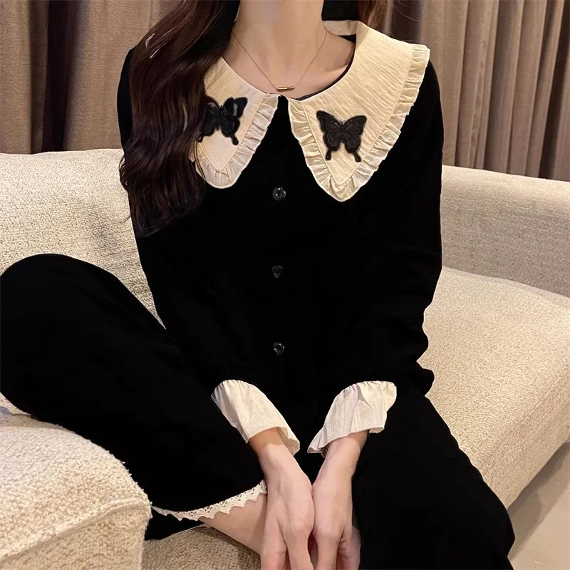 Korean-Style Instagram-Inspired Sleepwear For Women: New Spring/Fall Collection—Black Long-Sleeve Sweet And Girly Loungewear Set