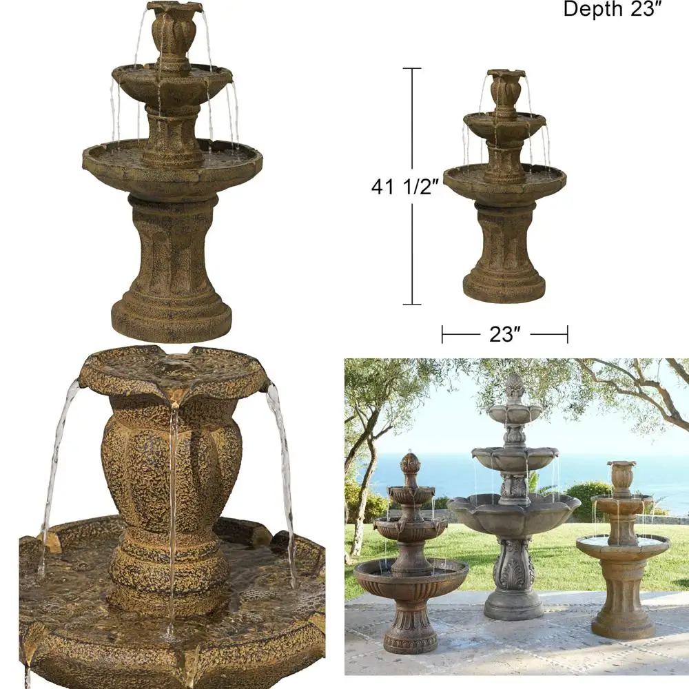 

large traditional italian tiered stone floor fountain with waterfall for indoor and outdoor decor, 41.5 inches tall