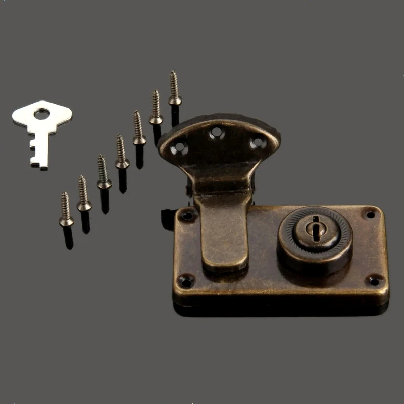 Vintage Wooden Box Lock Antique Furniture Latch Decorative Hasp Jewelry Suitcase Toggle Clasp with Key Screw Hardware