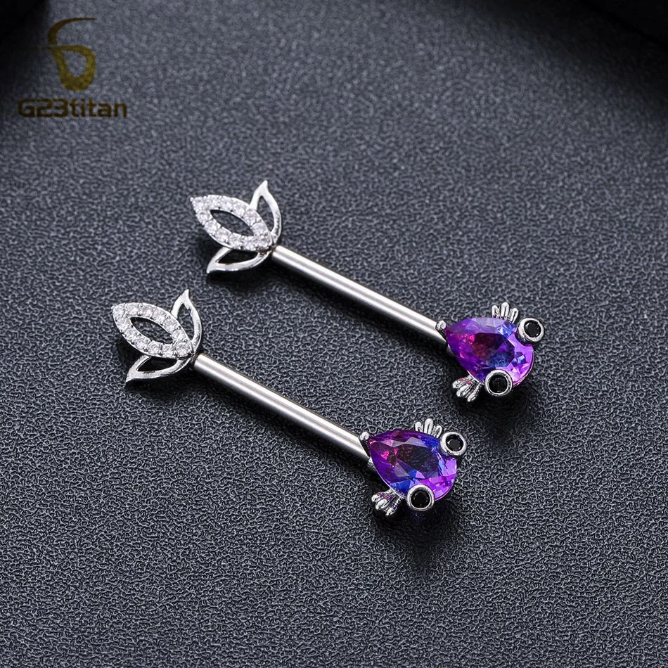 2pcs Blue Zircon Fish Nipple Rings 14G Staight Barbell Hypoallergenic Surgical Titanium Nipple Piercing Jewelry Sexy Ornament