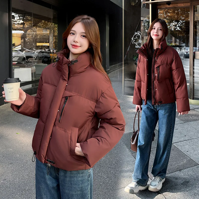 Oversize Women Parkas Coats Short Jacket Solid Drawstring Stand Collar Zipper Thick Straight Fit Casual Office Lady Winter 2025