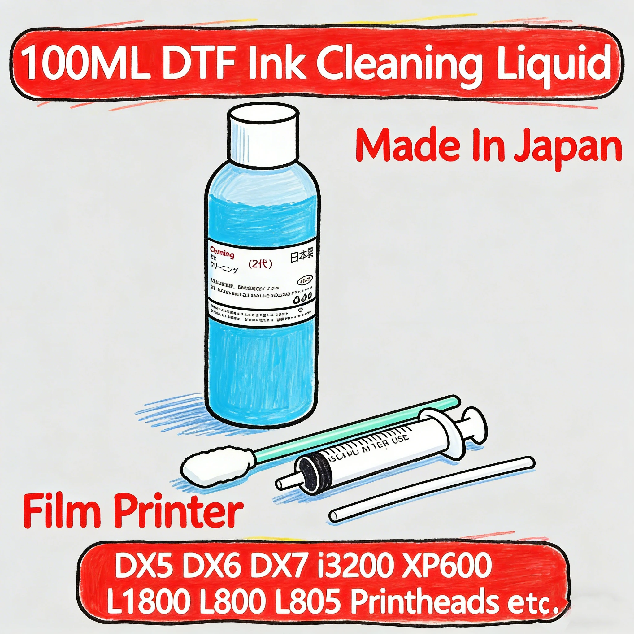 

100ML DTF/Sublimation/Pigment Ink Cleaning Liquid Made in Japan for DX5 DX6 DX7 i3200 XP600 L1800 L800 L805 Printheads Unclog