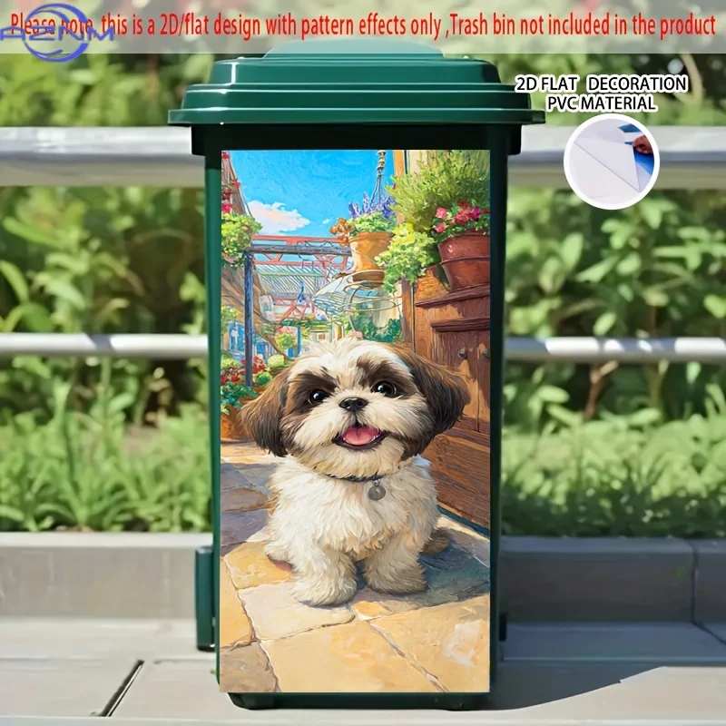 Cute Dog in Courtyard Self-Adhesive Dustbin Sticker, PVC Trash Can Decorative Sticker, Wheelie Bin Sticker,  for Patio, Hallwa