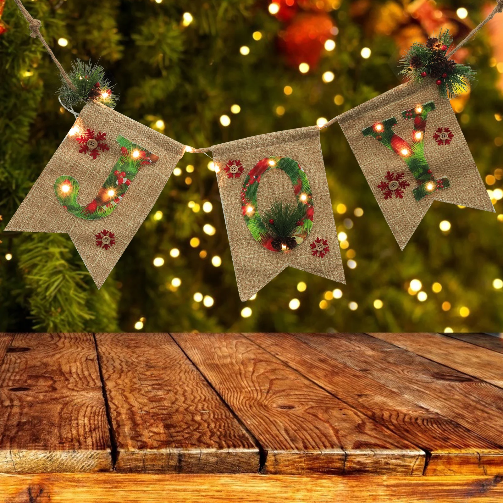 

1 set 1 Set Linen Christmas Xmas Decorative Glowing Hanging Party Festival Decoration Reusable Banner For Christmas Xmas Pattern