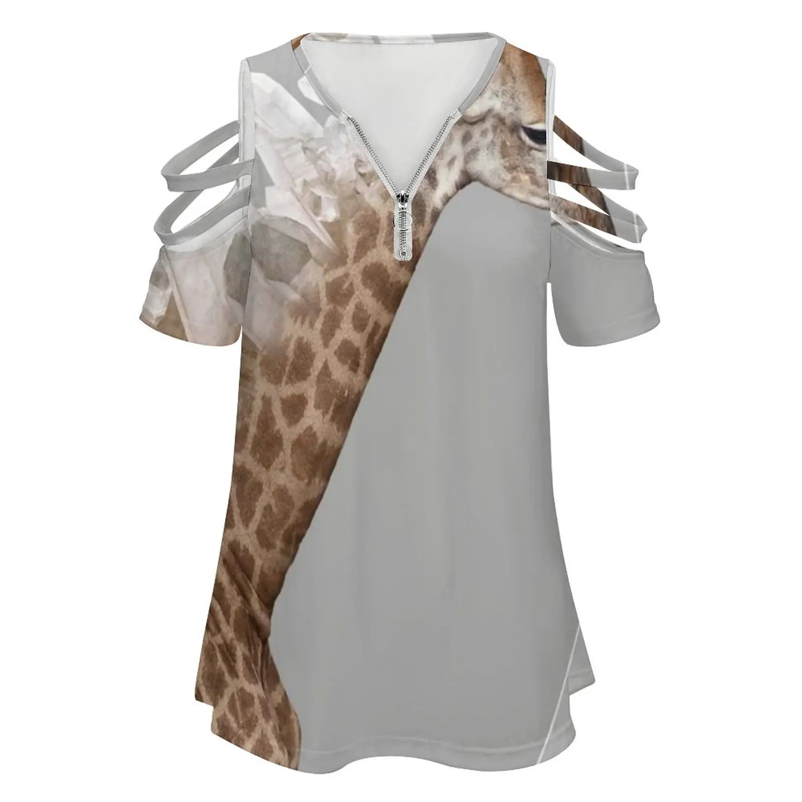 Orenda Iii Women'S T-Shirt Summer Fashion Print Floral V-Neck Zipper Tshirt Hollow Pullover Ladies Top Giraffe Quartz Crystals