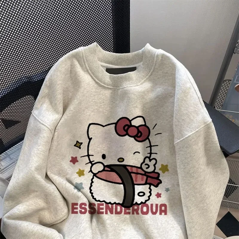 Cartoon Hello Kitty Cat Gray Hoodie Crew Neck Long Sleeve Top Pattern Print Loose Causal Pullover Cosplay Costume for Women