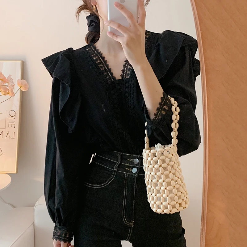 South Korea Chic French Style Temperament Lace V-neck Stitching Ruffles Loose Casual Puff Sleeve Shirt