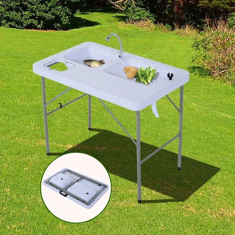

40" Portable Folding Easy-Clean Camping Table with Faucet and Dual Water Basins Folding Table
