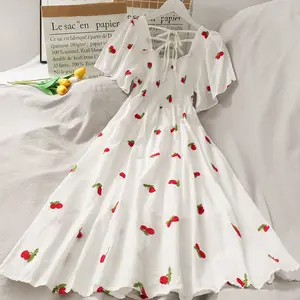 Sweet and Elegant Women's Dress Aline, Forest Fruit, Strawberry Stamp, Elastic Bust, Short Sleeve, Long Dresses, Super Immal 10 Main Sales Strawberry Dress - №2