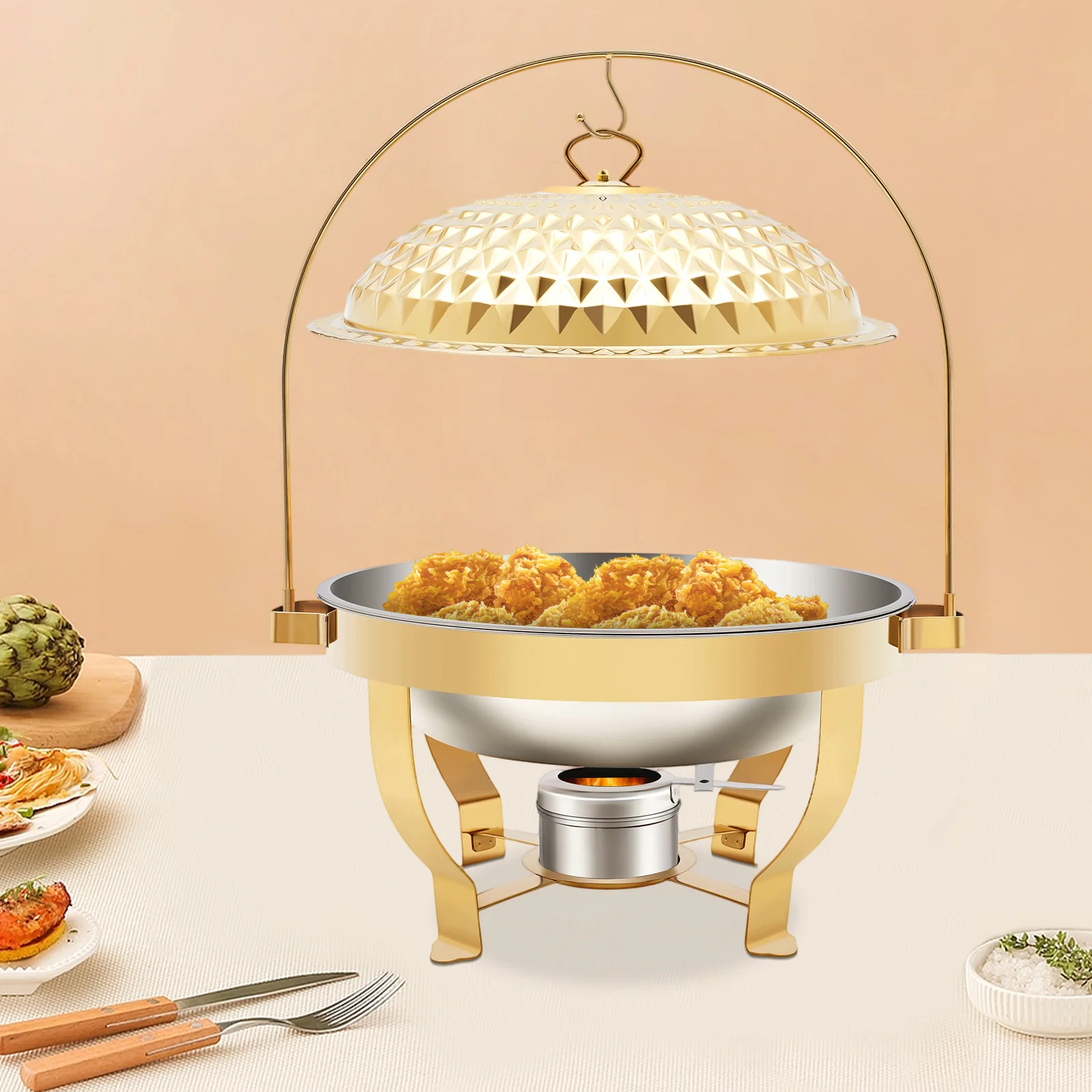 Stainless Steel Chafing Dish, 8L Gold Buffet Server with Lid, Food Warmer for Catering, Restaurant Buffet Serving Equipment