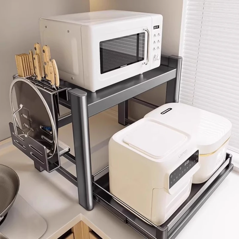 

German Kitchen Microwave Oven Shelf Countertop Multifunctional Pullable Multi-layer Bracket Rice Cooker Oven Storage Rack
