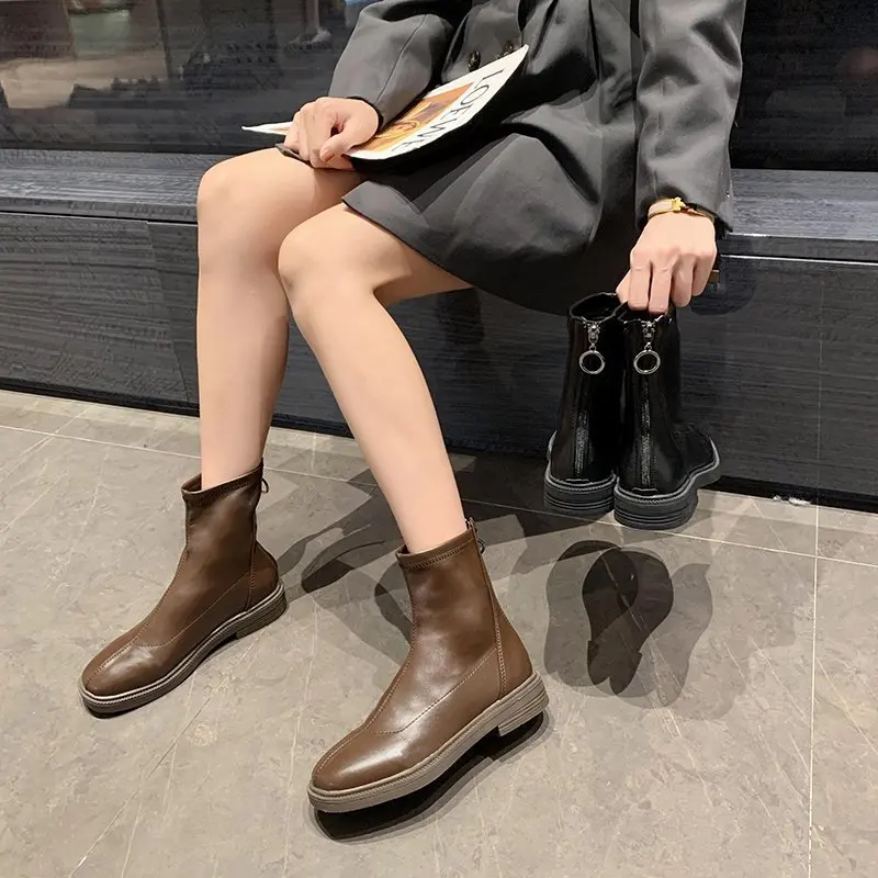 Retro Brown Black Leather Ankle Boots for Women Autumn Winter Platform Shoes Gothic Punk Warm Ladies Boots Motorcycle Booties