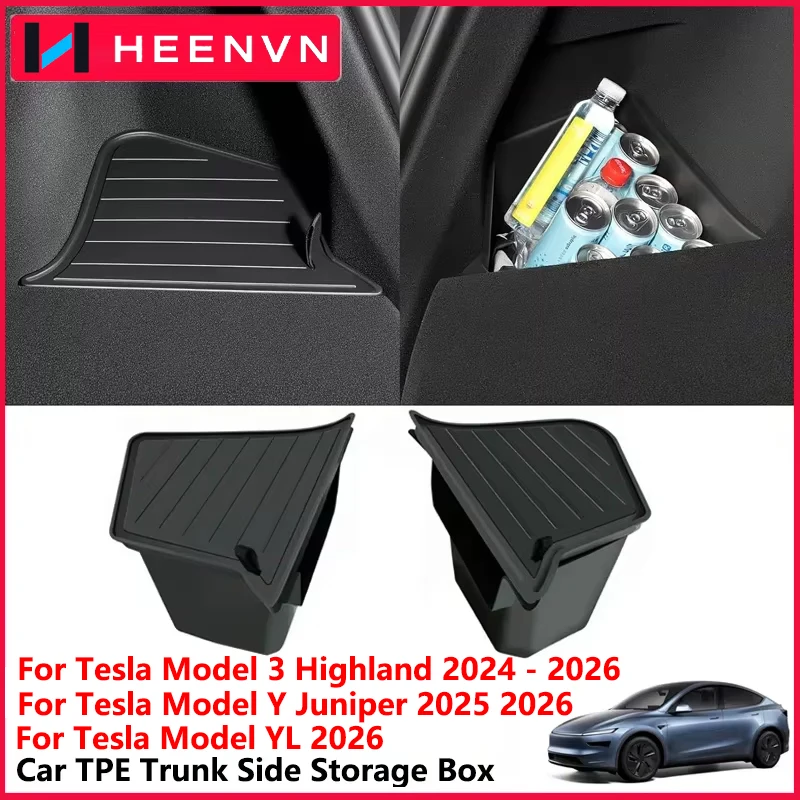 Heenvn For Tesla Model Y 2025 2026 Juniper Trunk Side Storage Box Car TPE Rear Trunk Storage Bins Organizer Interior Accessories