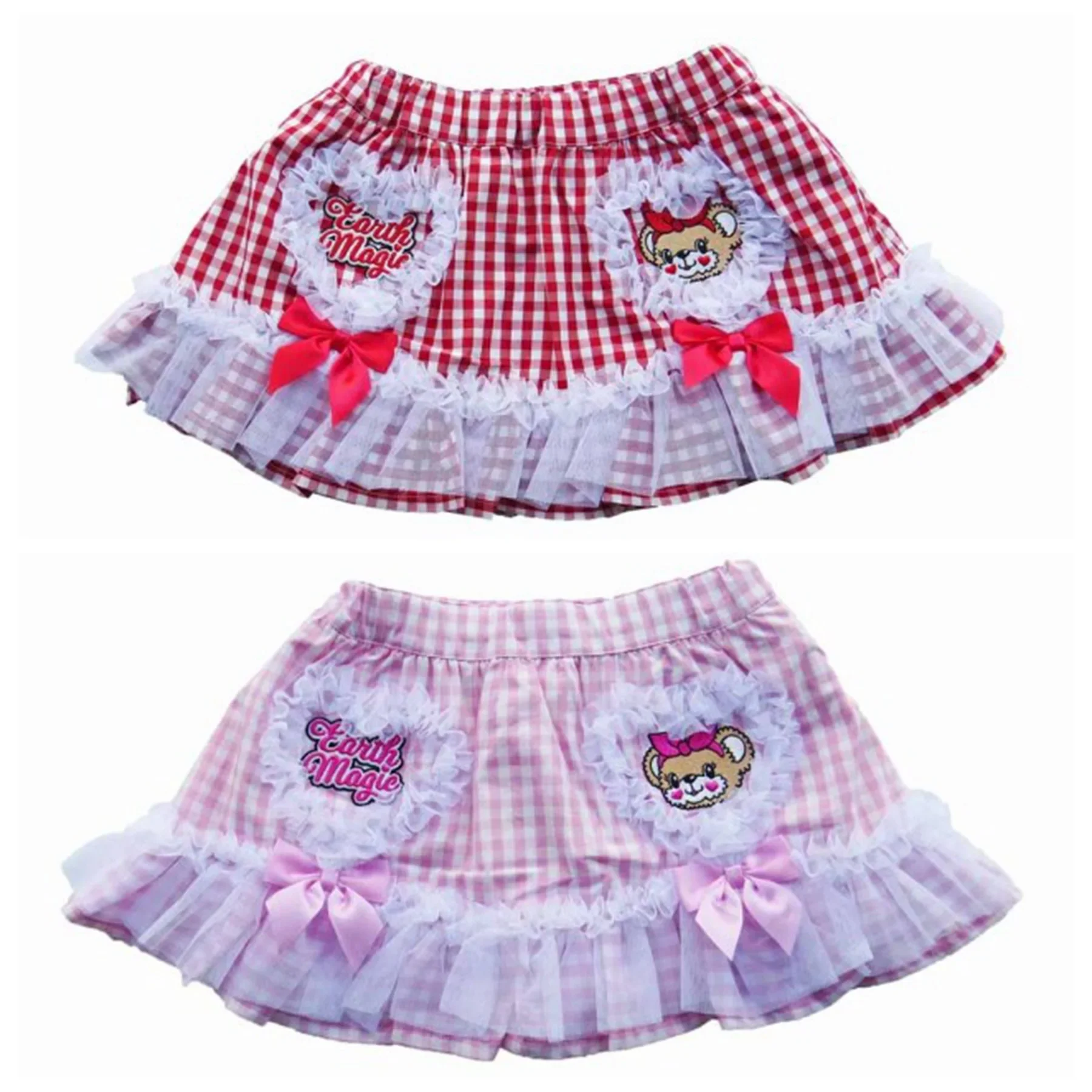 

EM Little Girls Plaid Cute Skirt Princess Lace Skirt Female Baby Summer Skirt Love Heart Bow Sweet College Style