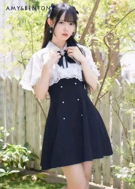 

Лето 2025 г., новинка японского стиля, студенческий стиль, белая накидка, черное тонкое платье с короткими рукавами и высокой талией, комплект из двух предметов