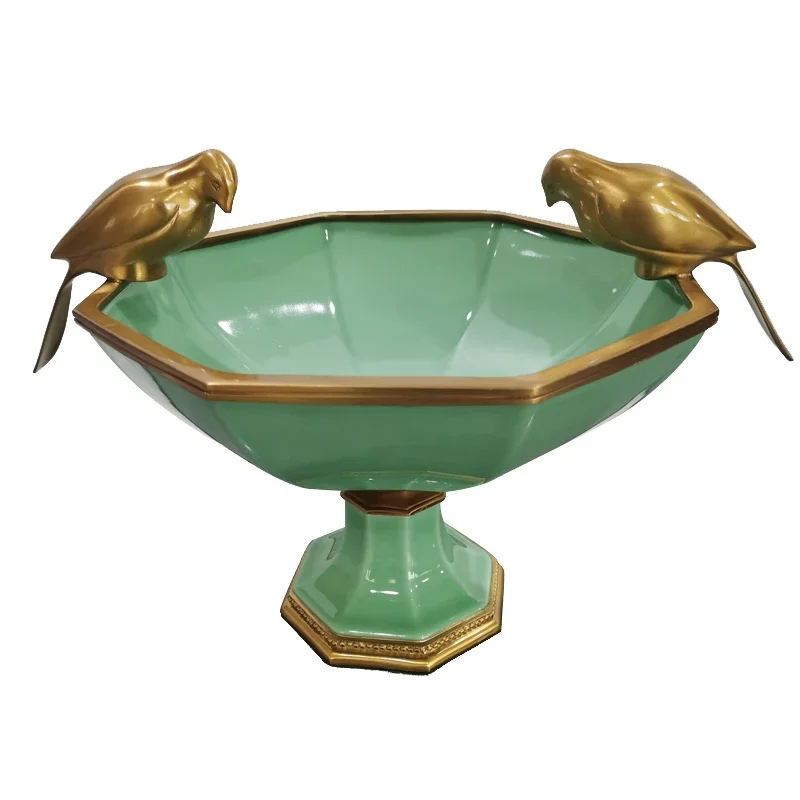 

Home decoration living room, bronze interior green porcelain decoration, elevated ceramic antique fruit bowl