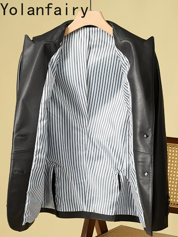 YOLANFAIRY 春秋本革ジャケット女性ミッドレングス 100% 本物のシープスキンコートスリムフィット婦人服 Chaquetas