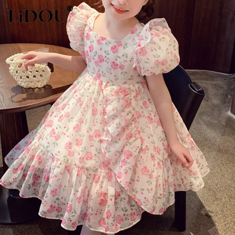 2023 New Korean Fashion Summer Dress Girls Vintage Cute Kawaii Sweet Elegant Floral Loose Casual Square Neck Children\'s Robes