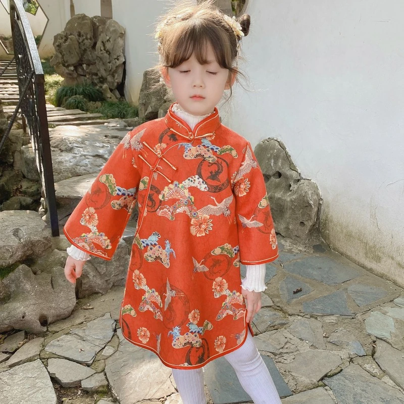 2022 New Year Kids Cheongsams Chinese Traditional Children Qipao Hanfu Geese Printed Long Sleeve China Style Girl Vintage Dress