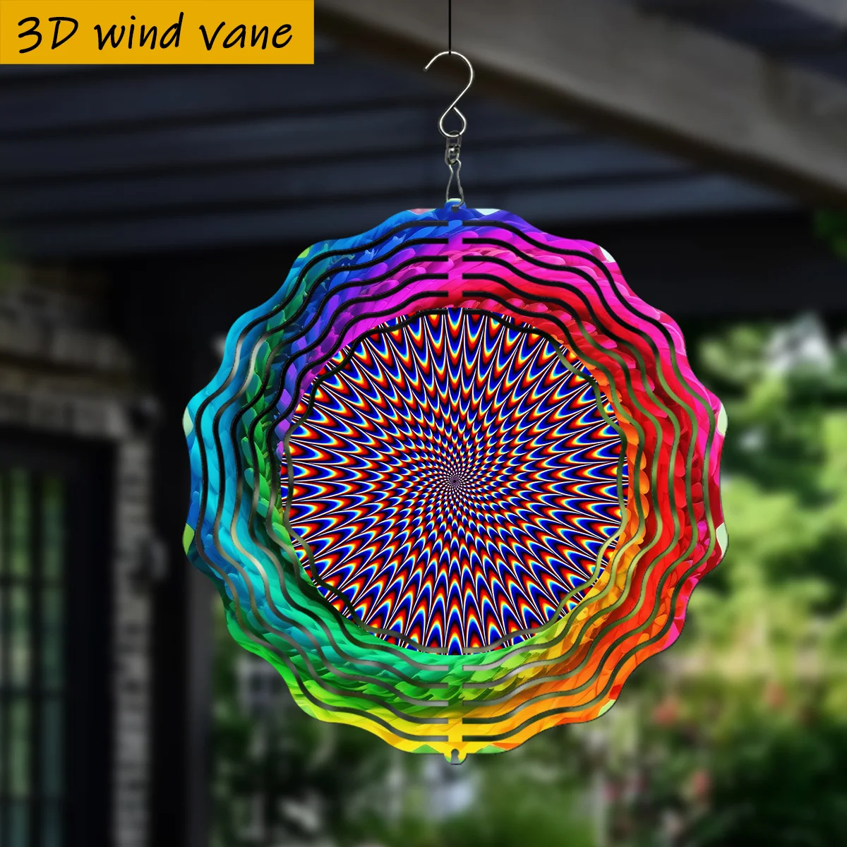 1pc 3D Wind Gyro, Color Ripple Illusion Pattern, 360° Rotating Hook Spring and Summer Balcony Garden Wind Chime Pendant