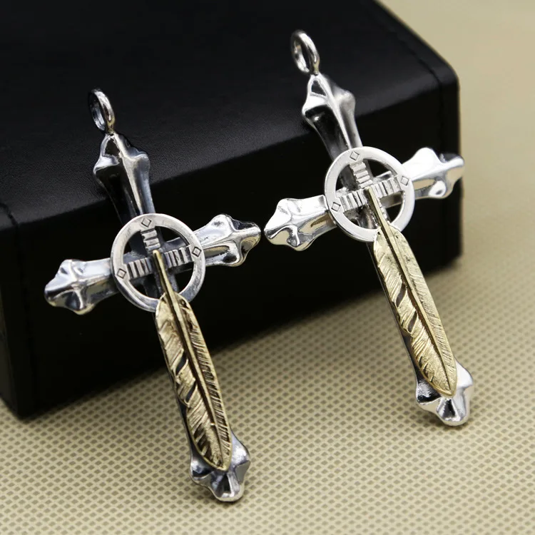 

S925 Sterling Silver Jewelry Vintage Thai Silver Japanese Korean Cross Feather Men's and Women's Necklace High Bridge Pendant